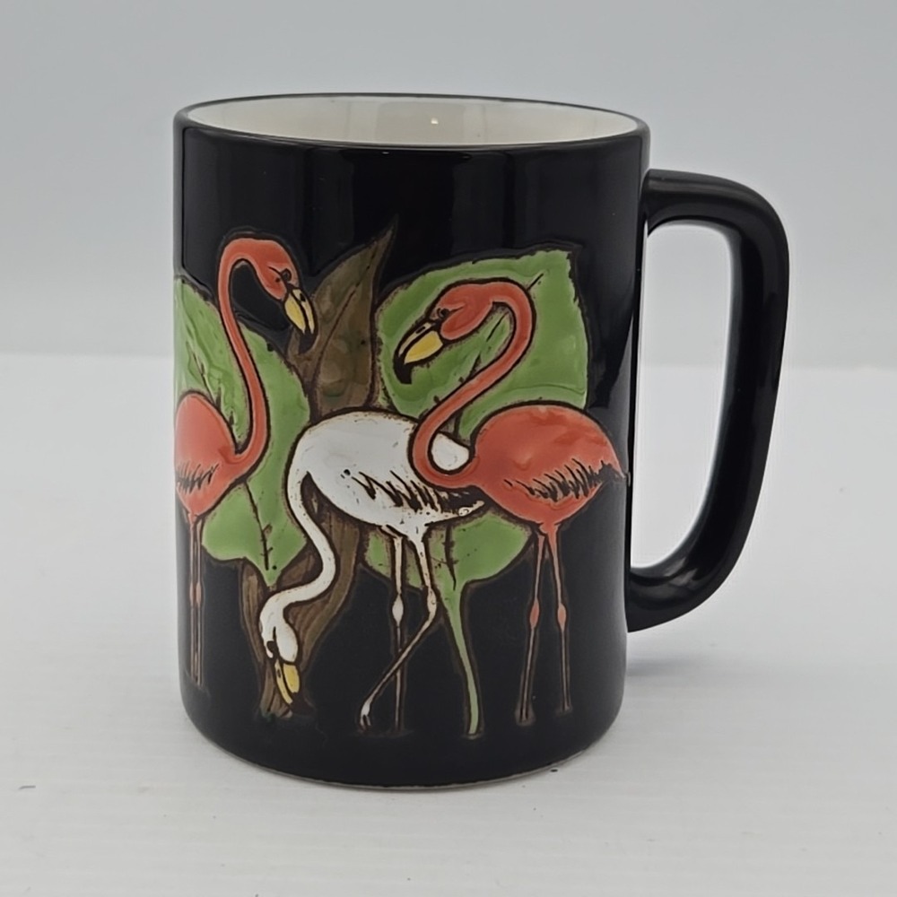 Vintage Black Ceramic Coffee Mug with Pink Flamingos Novelty Tea Cup